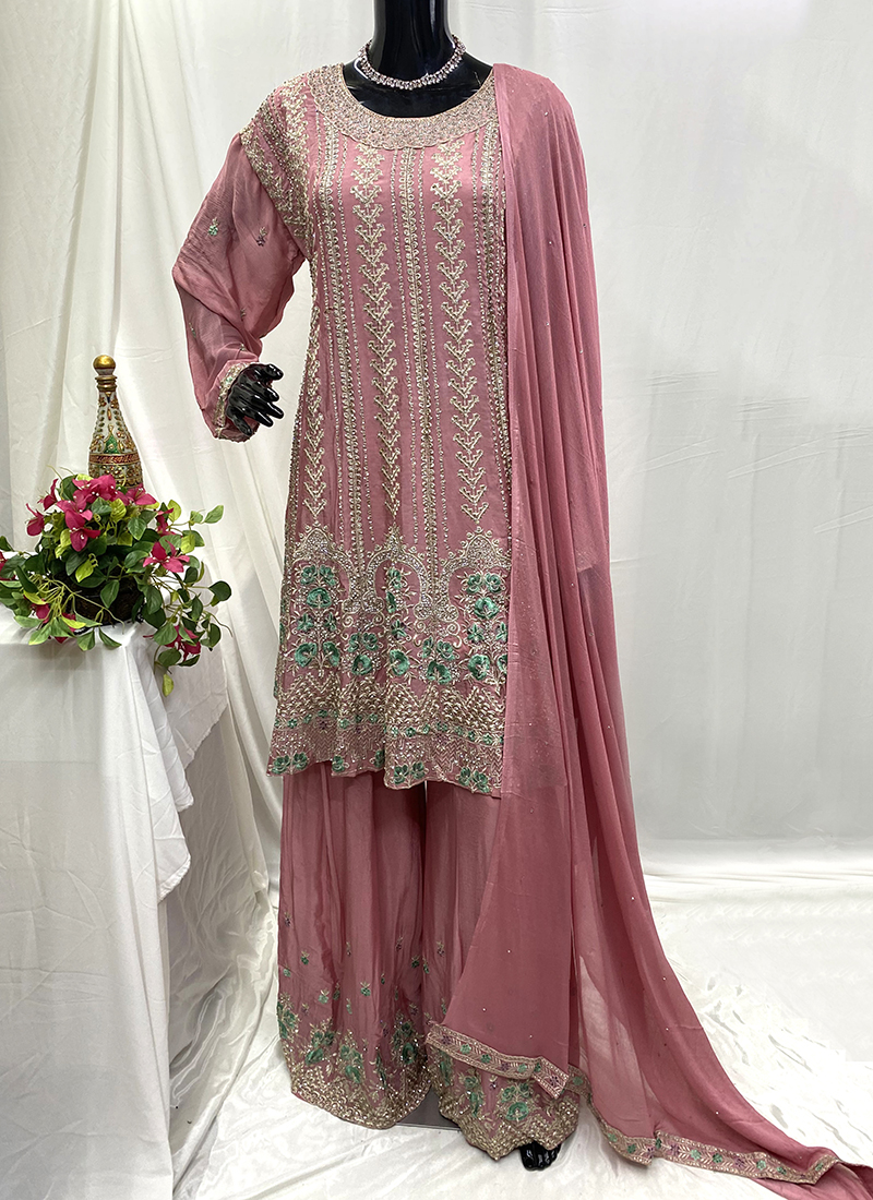 Pink Party Wear Readymade Pant Suit With Wevon Designer Printed Hand Work